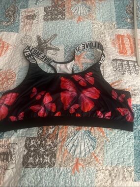 LOVE Brand Black Bikini Top with Red Floral Print